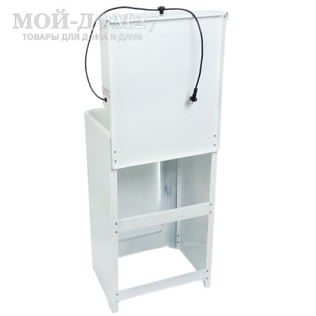 Умывальник с подогревом пласт. мойка | Мой-Дом27 | Объем бака – 17 литров с нагревателем мощностью 1,25 кВт Время нагрева до 60 градусов – 30 минут<br>
 Материал умывальника – сталь толщиной 0,7 мм<br>
 Мойка – пластик белого цвета<br>
 Кран – металлический<br>
Поставляется в разобранном виде, в коробке 80*54*20 см с ручками